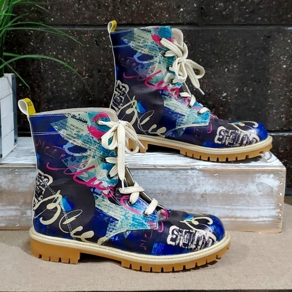 WOMENS GOBY COMBAT LONG BOOTS WITH COLORFUL PRINT SIZE 41 ART DECO  LOUD - Picture 1 of 9